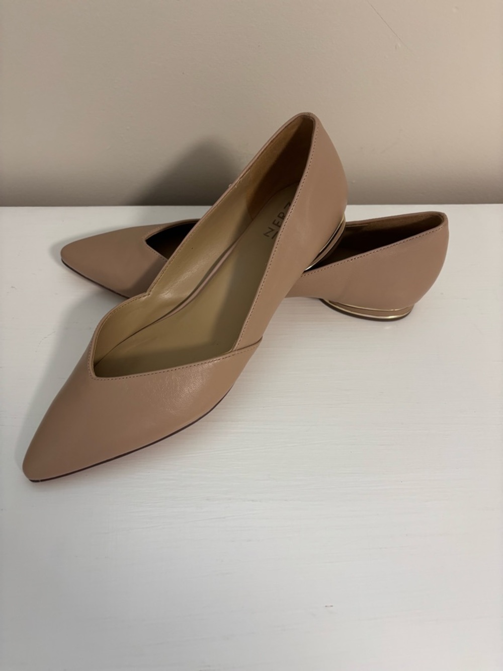 Naturalizer Pointed-Toe Nude/Taupe Flats with Subtle Metallic Heel